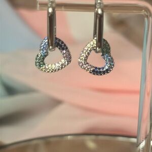 Sterling Silver Heart Drop Multicolored Stones on Rectangular Huggie Earrings